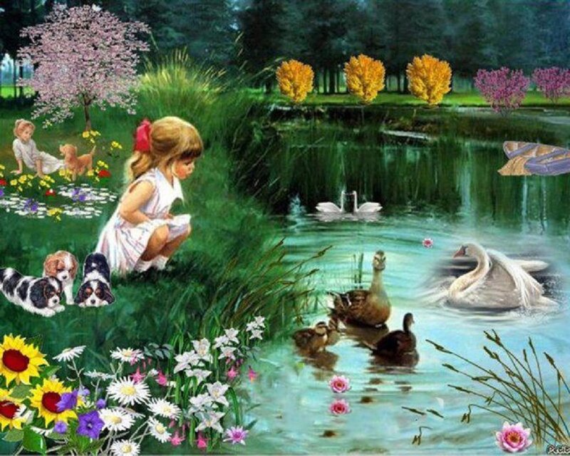 Girl Feeding Ducks — Green