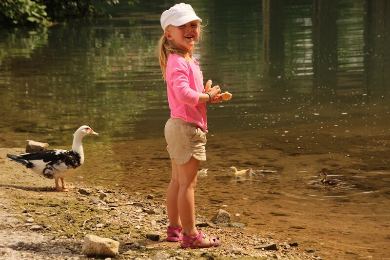 Girl Feeding Ducks — Pink