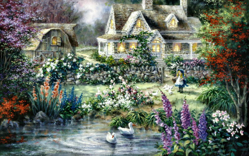 Girl Feeding Ducks — Purple