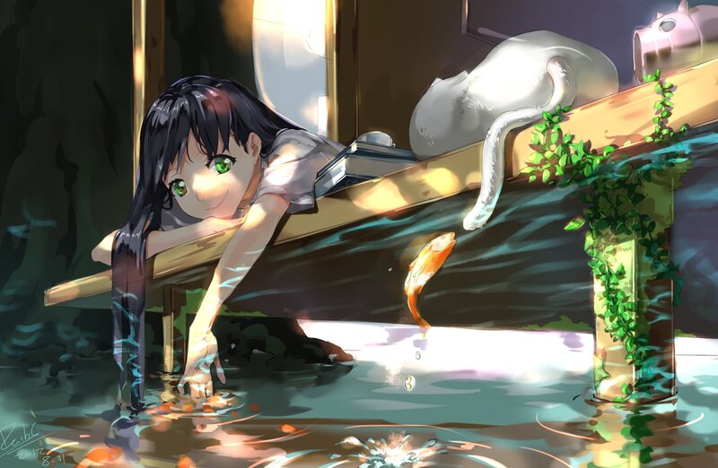 Girl feeding fish in flooded room