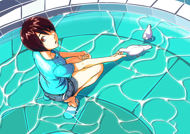 Girl Feeding Pigeons — Cyan