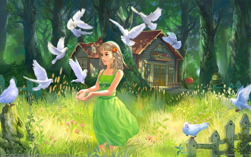 Girl Feeding Pigeons — Green