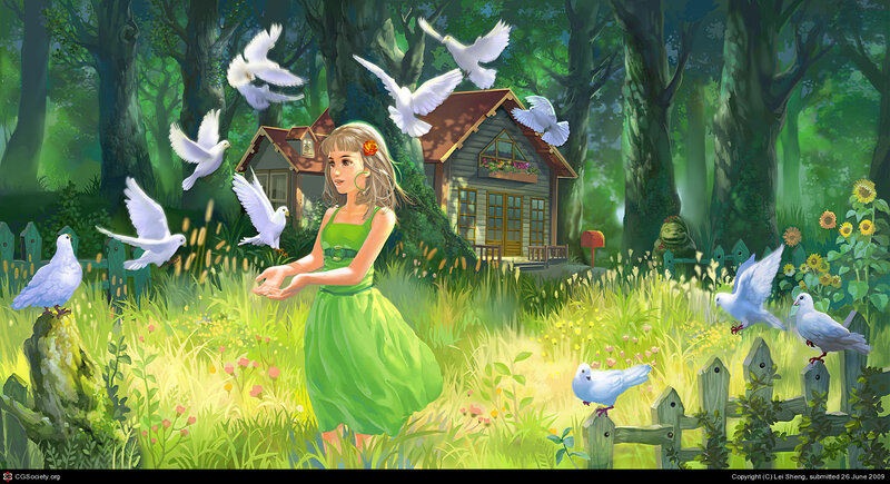 Girl feeding pigeons in a forest