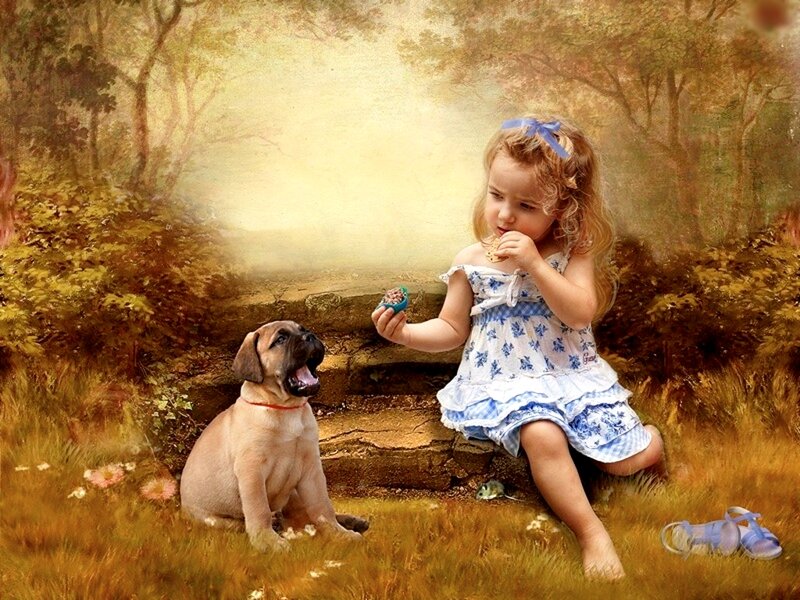 Girl Feeding Puppy — Blue