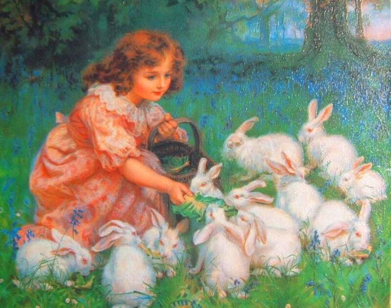 Girl Feeding Rabbits — Green