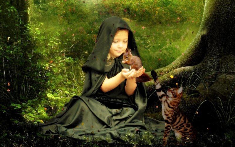 Girl Feeding Squirrel — Green