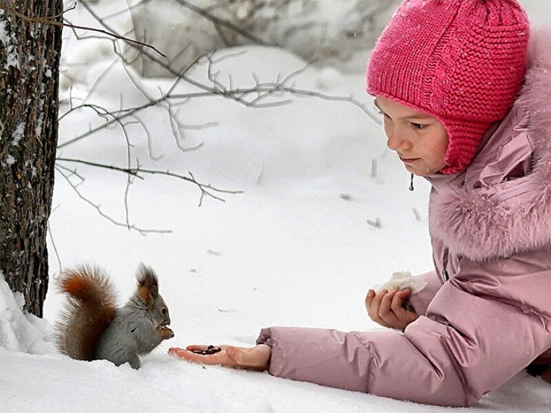 Girl feeding squirrel in snow