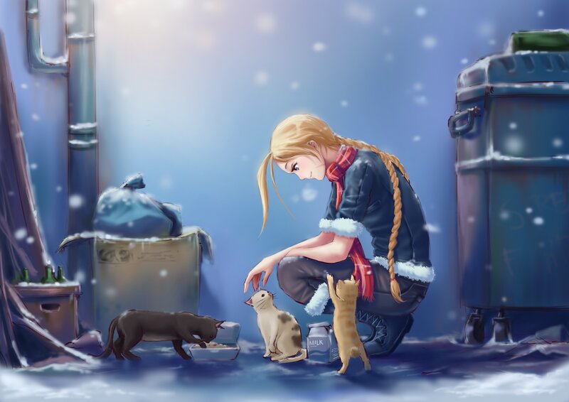 Girl Feeding Stray Cats — Blue