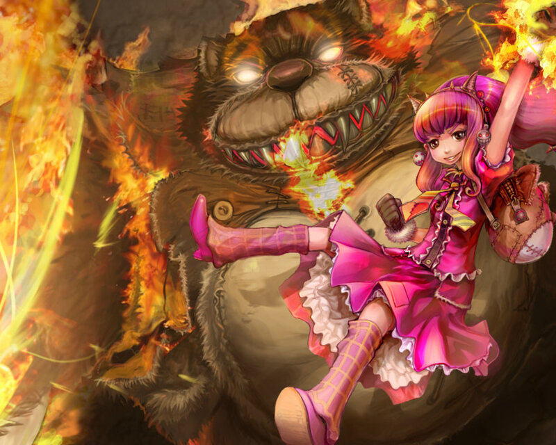 girl fighting a fire bear