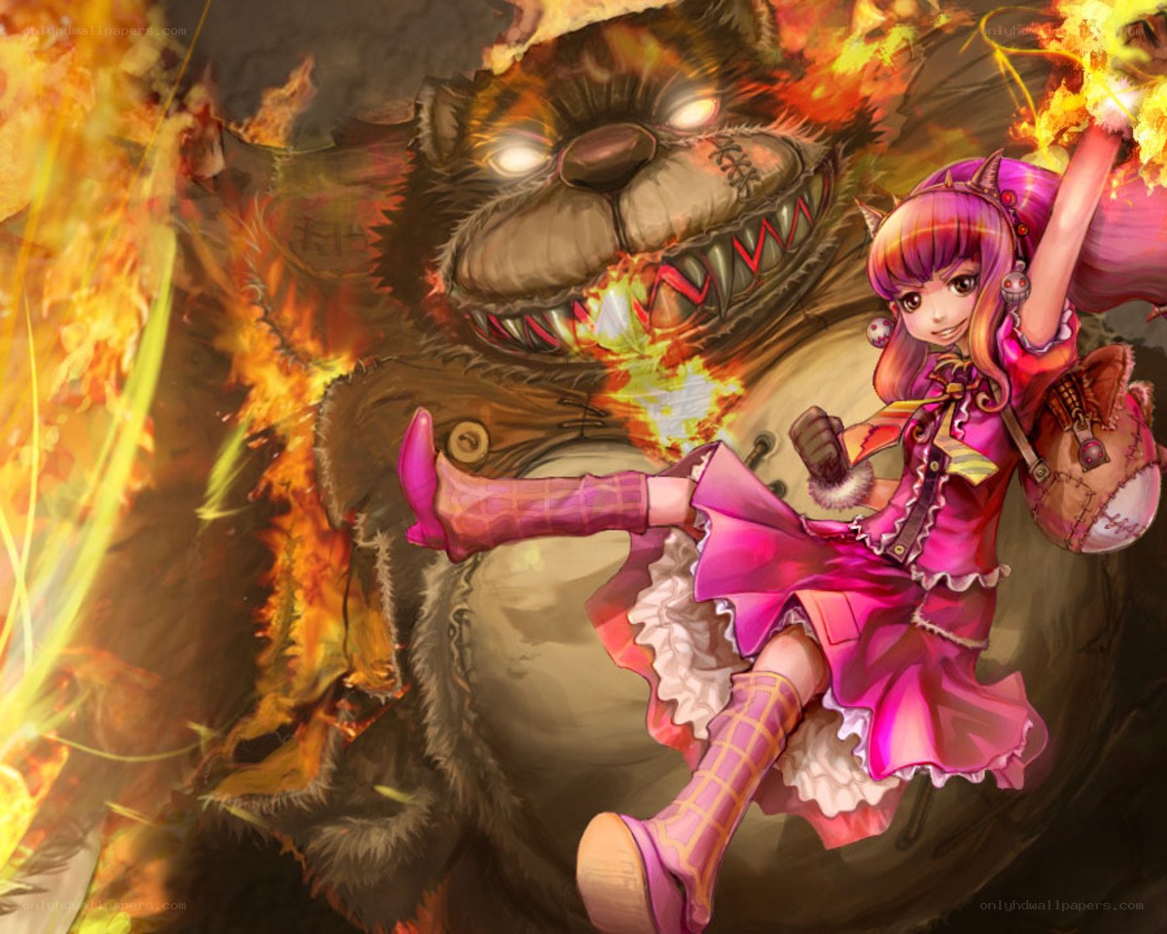 girl fighting a fire bear