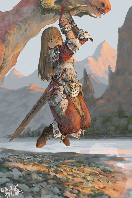 Girl Fighting Dinosaur — Brown