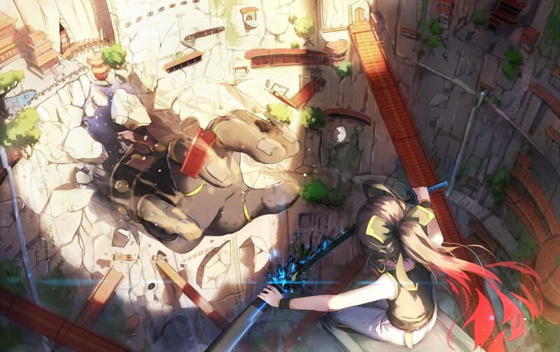 Girl Fighting Giant Statue