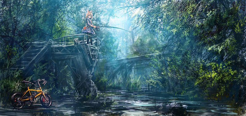Girl fishing in a forest stream