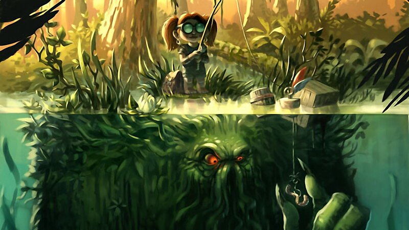 Girl fishing in swamp
