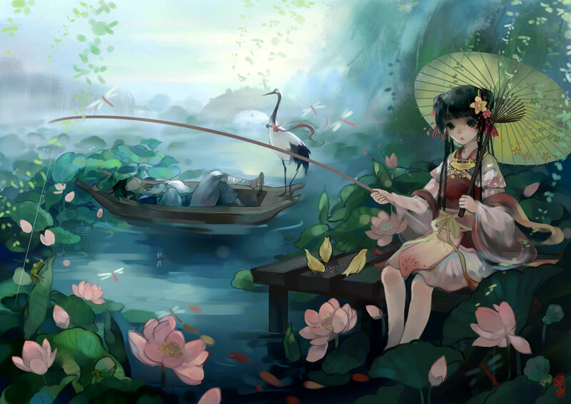 Girl Fishing on a Dock