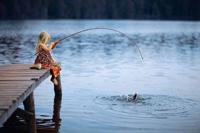 Girl Fishing on Dock — Blue