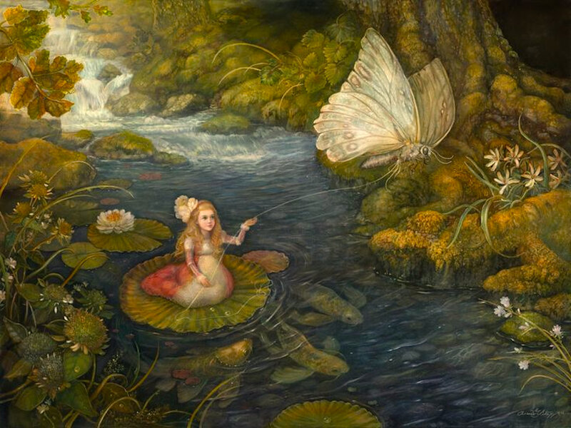 Girl Fishing on Lily Pad