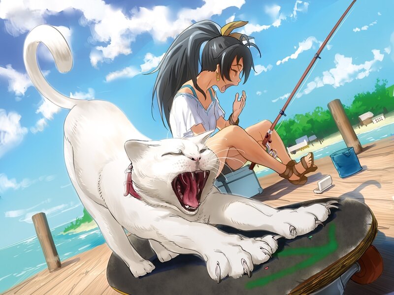 Girl fishing with a cat