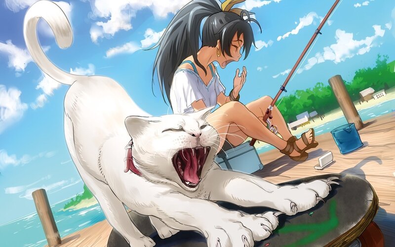 Girl fishing with a cat