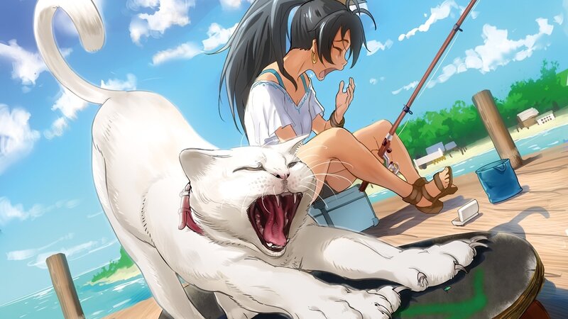 Girl fishing with a cat