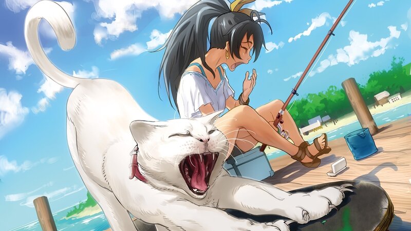 Girl fishing with a cat