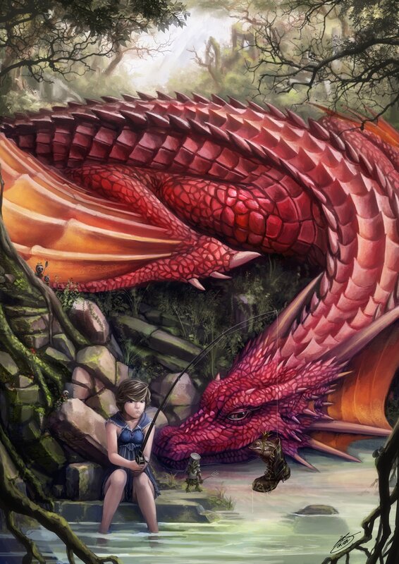 Girl fishing with a dragon