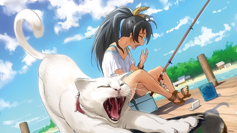 Girl fishing with a white cat
