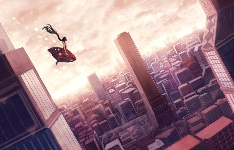 Girl Floating Above City