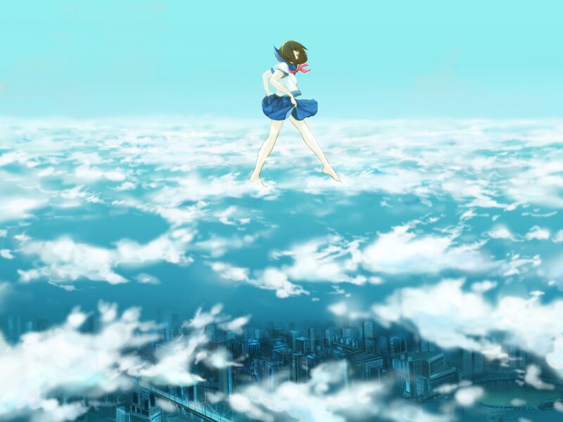 girl floating above clouds