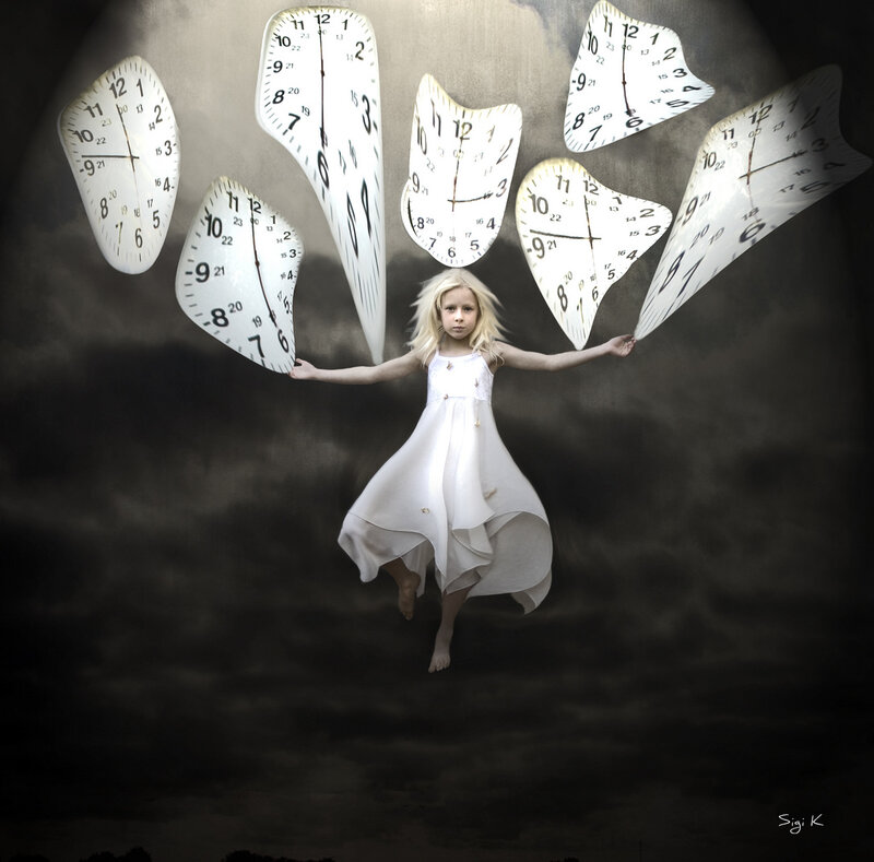 Girl Floating Among Clocks