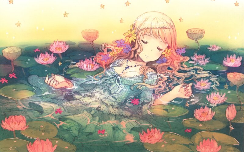 girl floating in a lotus pond