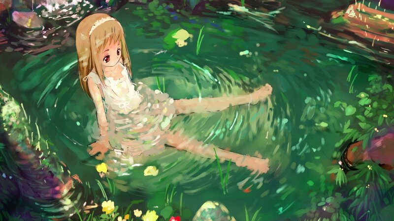 girl floating in a pond