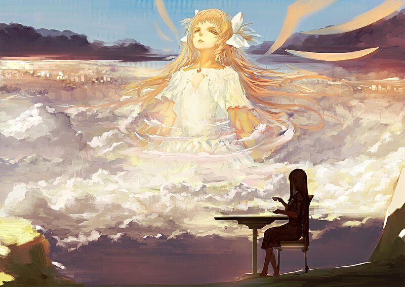 Girl Floating in Clouds — White