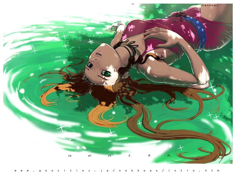 girl floating in green water