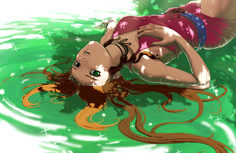 girl floating in green water