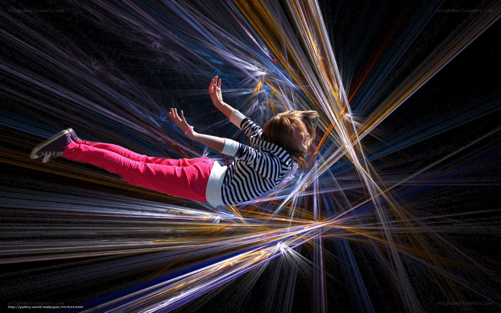 Girl floating in light beams