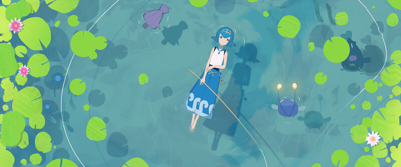 Girl Floating in Pond — Blue