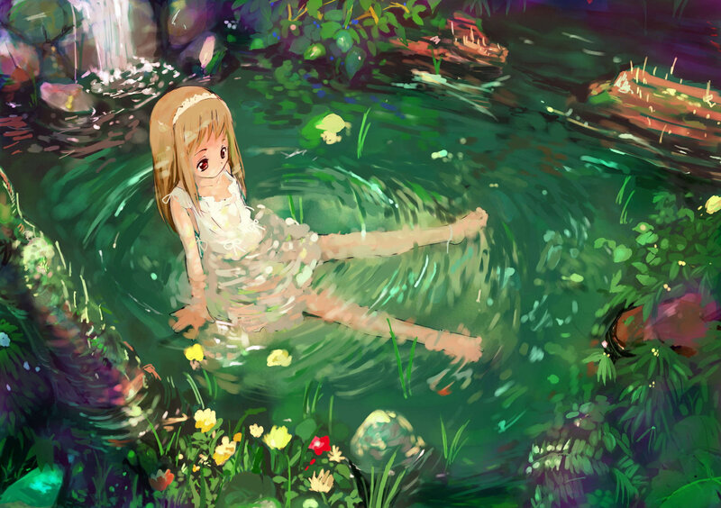 Girl Floating in Pond — Green, Serene, Night, Digital Art, Flowers