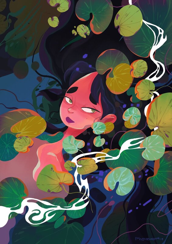 Girl Floating in Pond — Green, Serene, Night, Digital Art