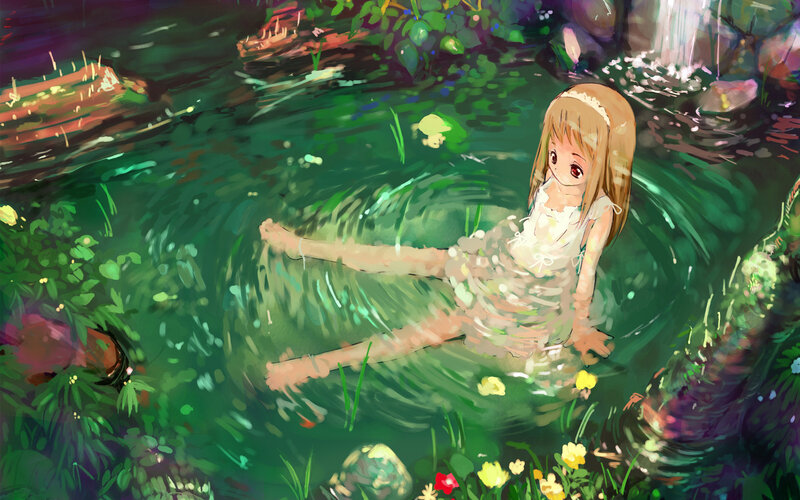 Girl Floating in Pond — Green, Serene, Night