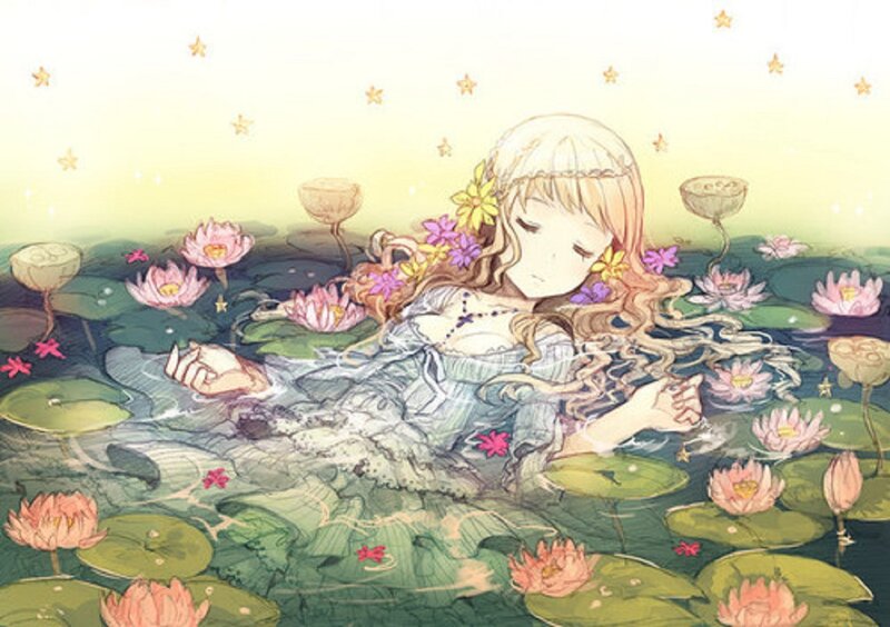 Girl Floating in Pond — Green, Serene