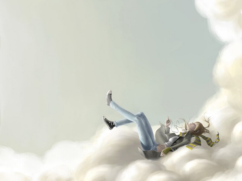 girl floating on clouds