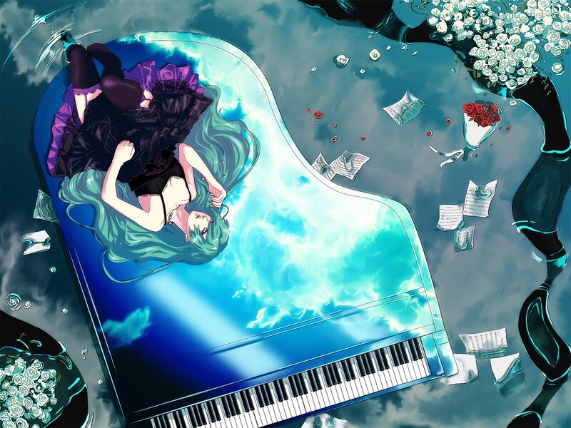 Girl floating on piano underwater