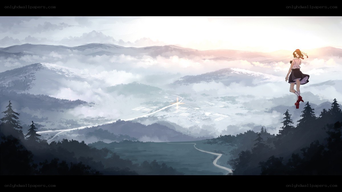 girl floating over mountain valley
