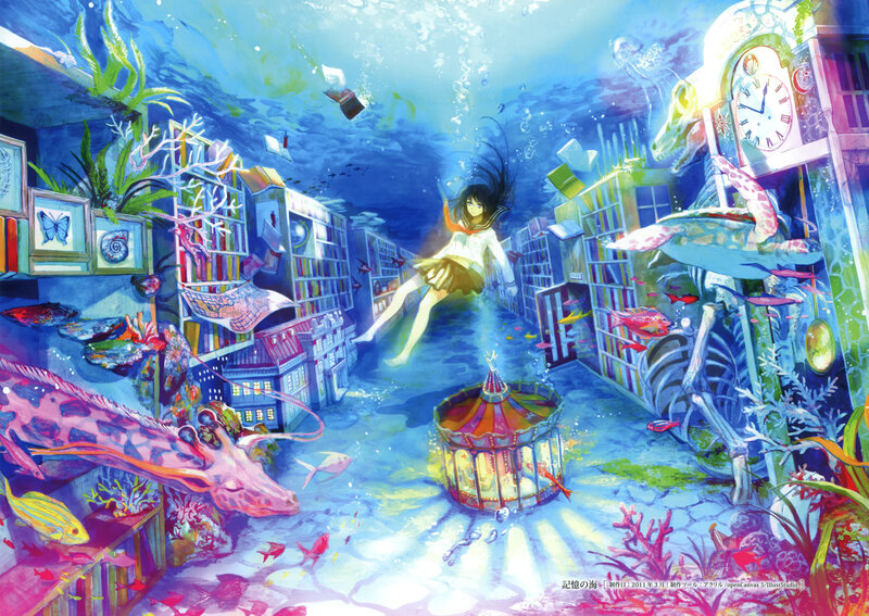Girl Floating Underwater — Blue, Dreamy, Digital Art, Bookshelves