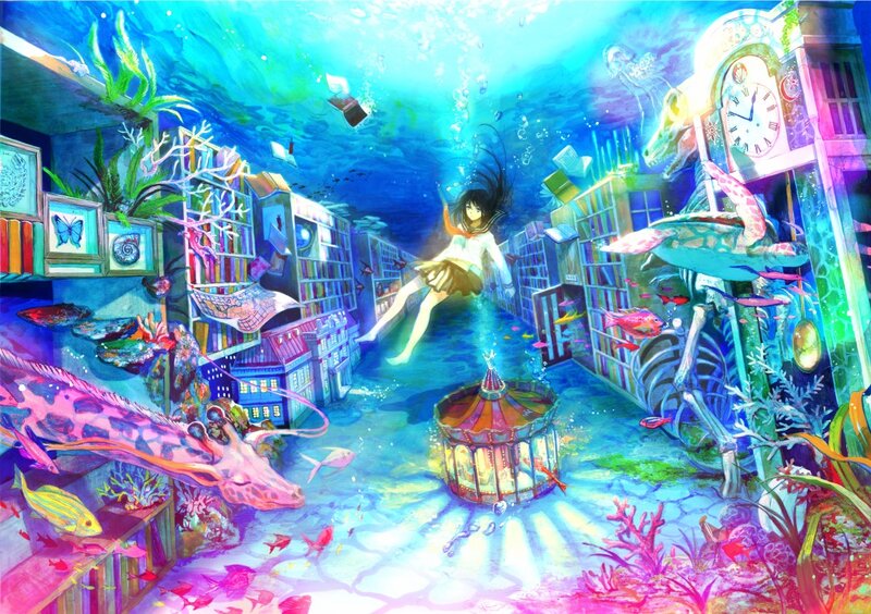 Girl Floating Underwater — Blue, Dreamy, Digital Art