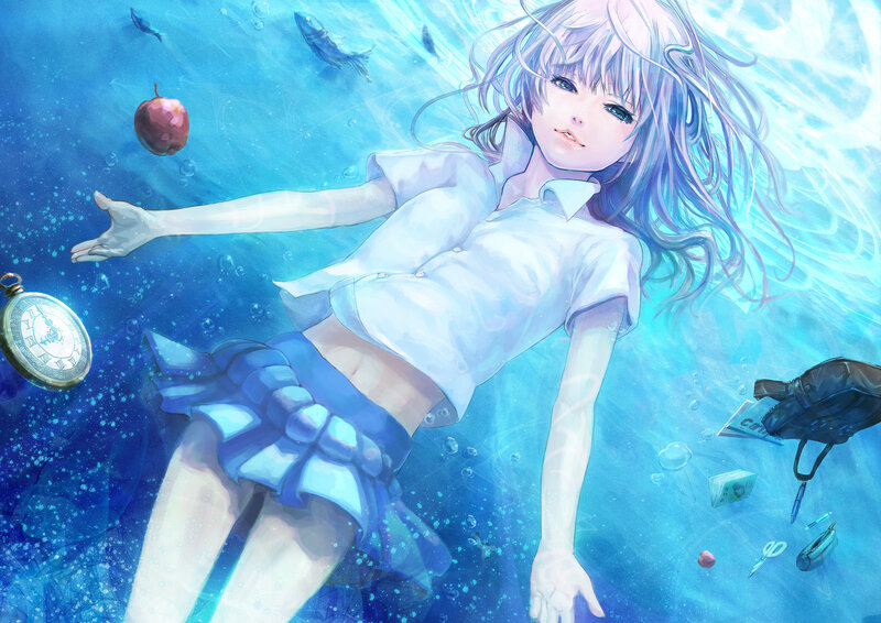 Girl Floating Underwater — Blue, Serene