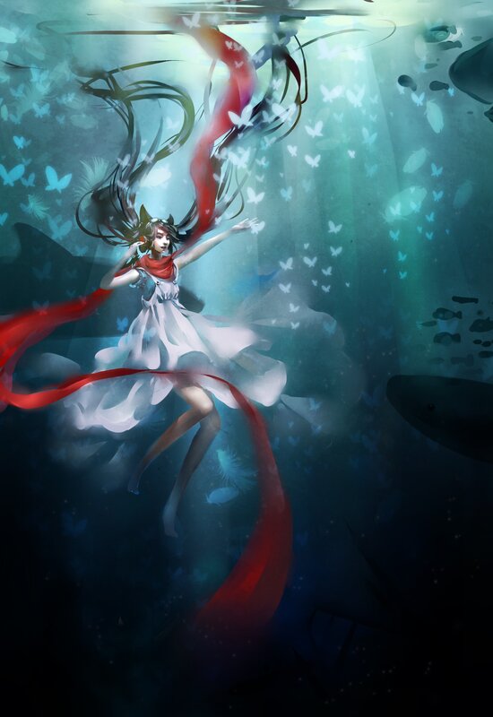 girl floating underwater with butterflies