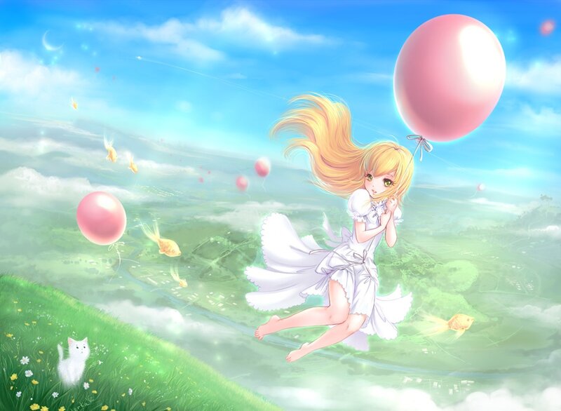 Girl Floating with Balloons — Blue
