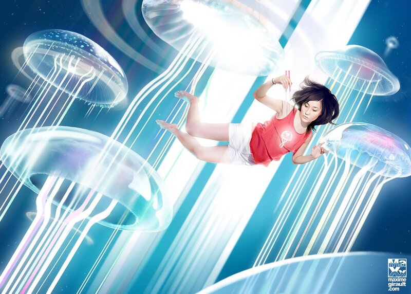 girl floating with jellyfish